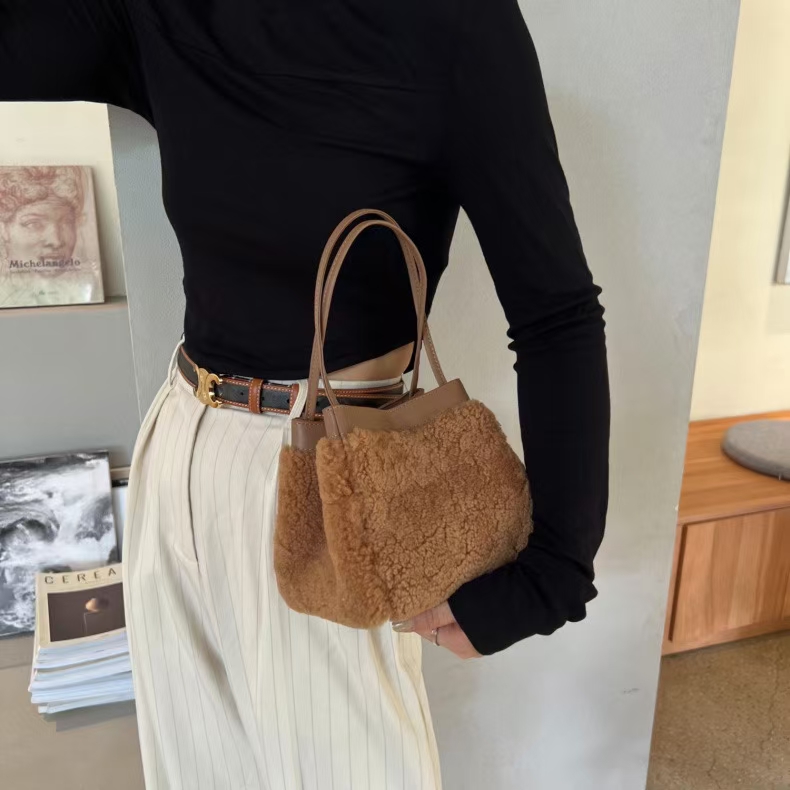 Lamb Fur Small Square Bag genuine leather vegetable basket handbag shoulder bag crossbody bag