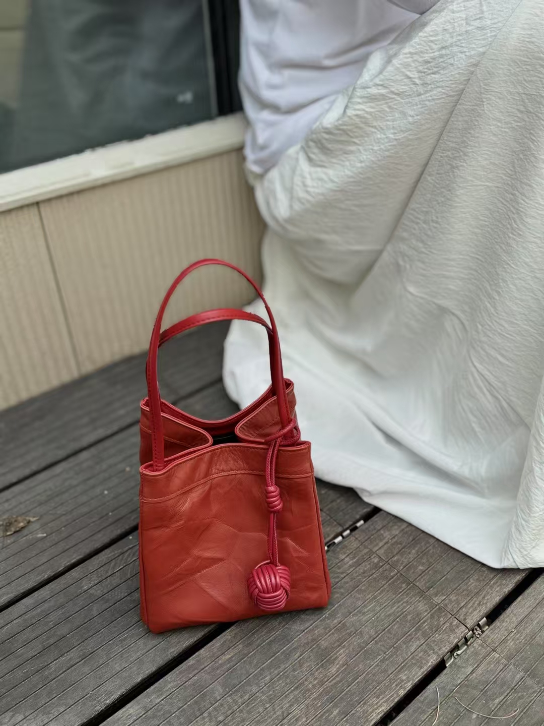 Top-Grain Cowhide Hand-Grabbed Texture Basket-Style  Small Square Bag genuine leather handbag shoulder bag