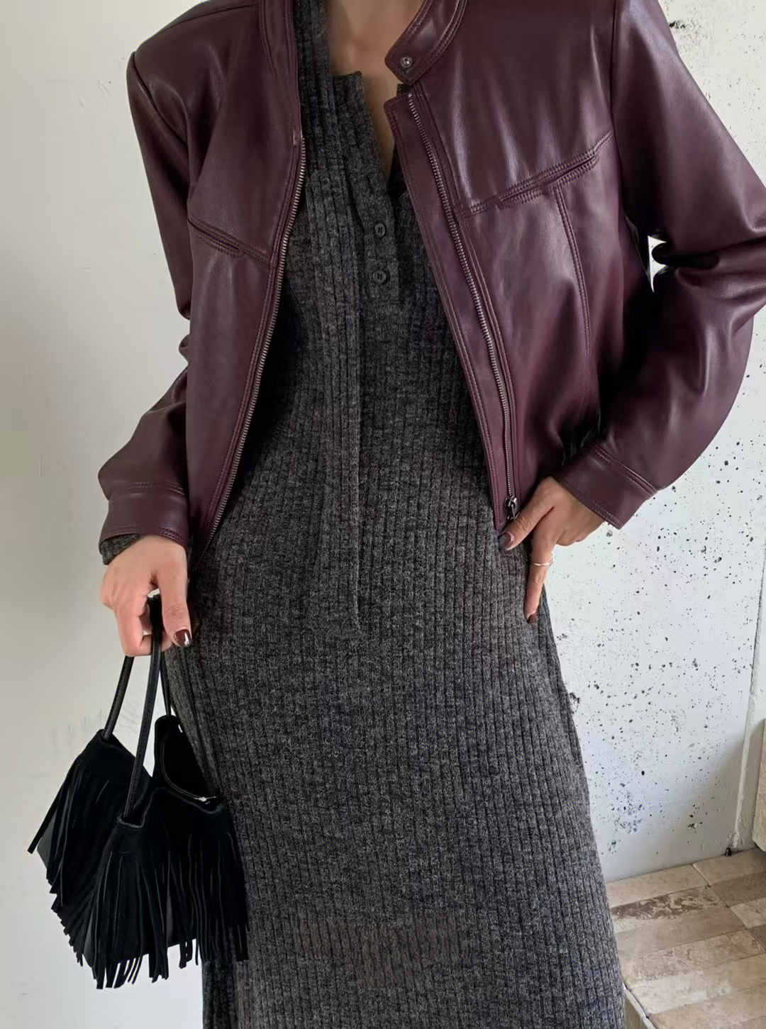 Top-Grain High-Gloss Matte Leather Tasseled Small Square Bucket Bag Mini Shoulder Bag for Women