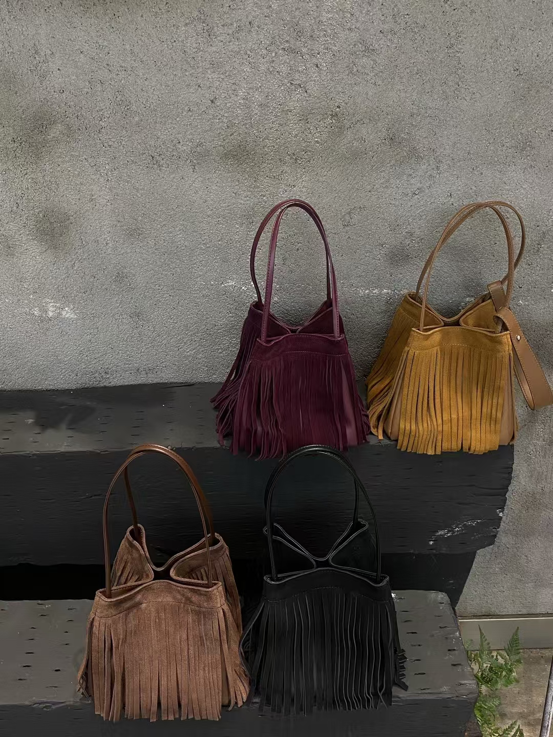 Top-Grain High-Gloss Matte Leather Tasseled Small Square Bucket Bag Mini Shoulder Bag for Women