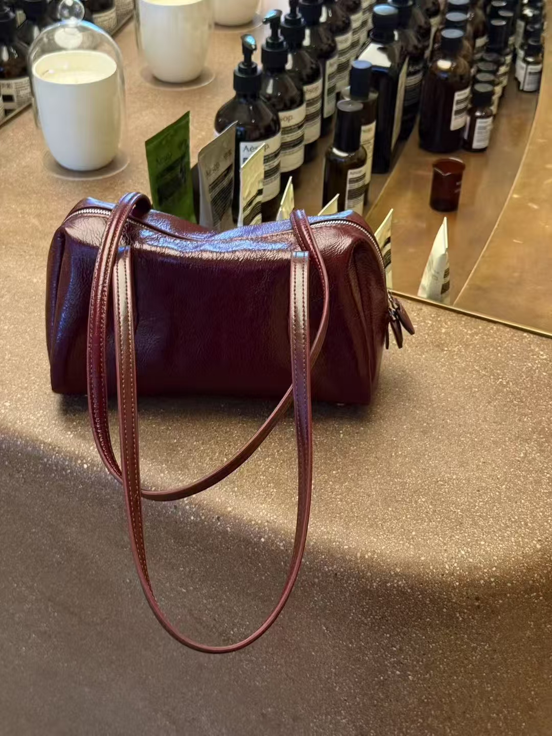 Top Grain Oil-Waxed Cowhide Folded Edge Boston Bag (Small) genuine leather handbag shoulder bag