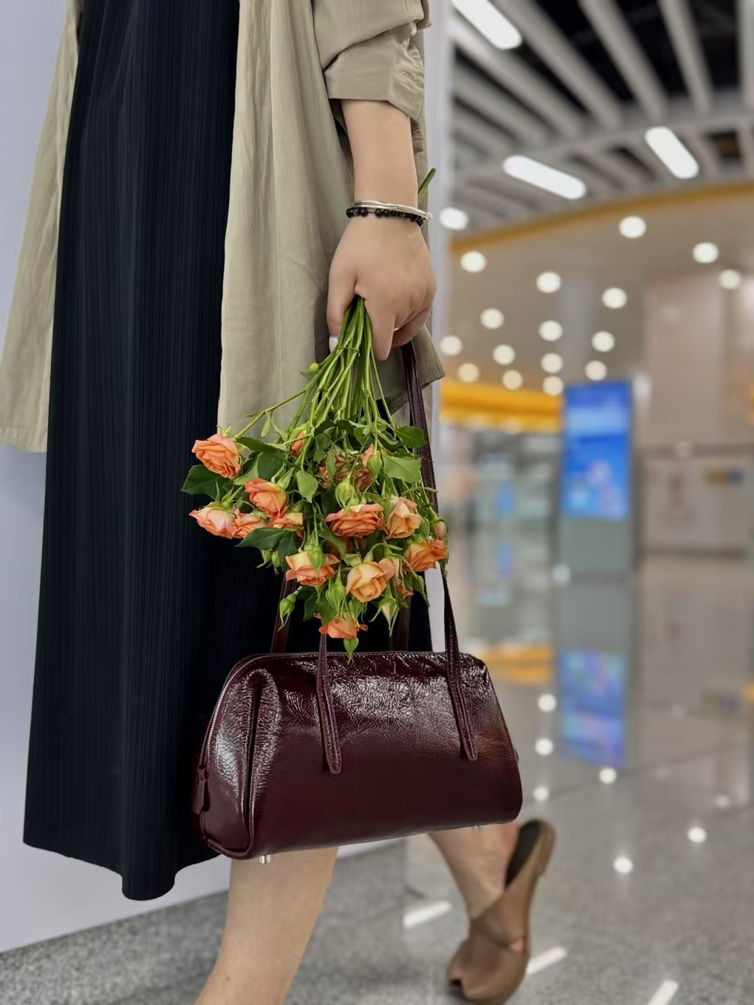 Top Grain Oil-Waxed Cowhide Folded Edge Boston Bag (Small) genuine leather handbag shoulder bag