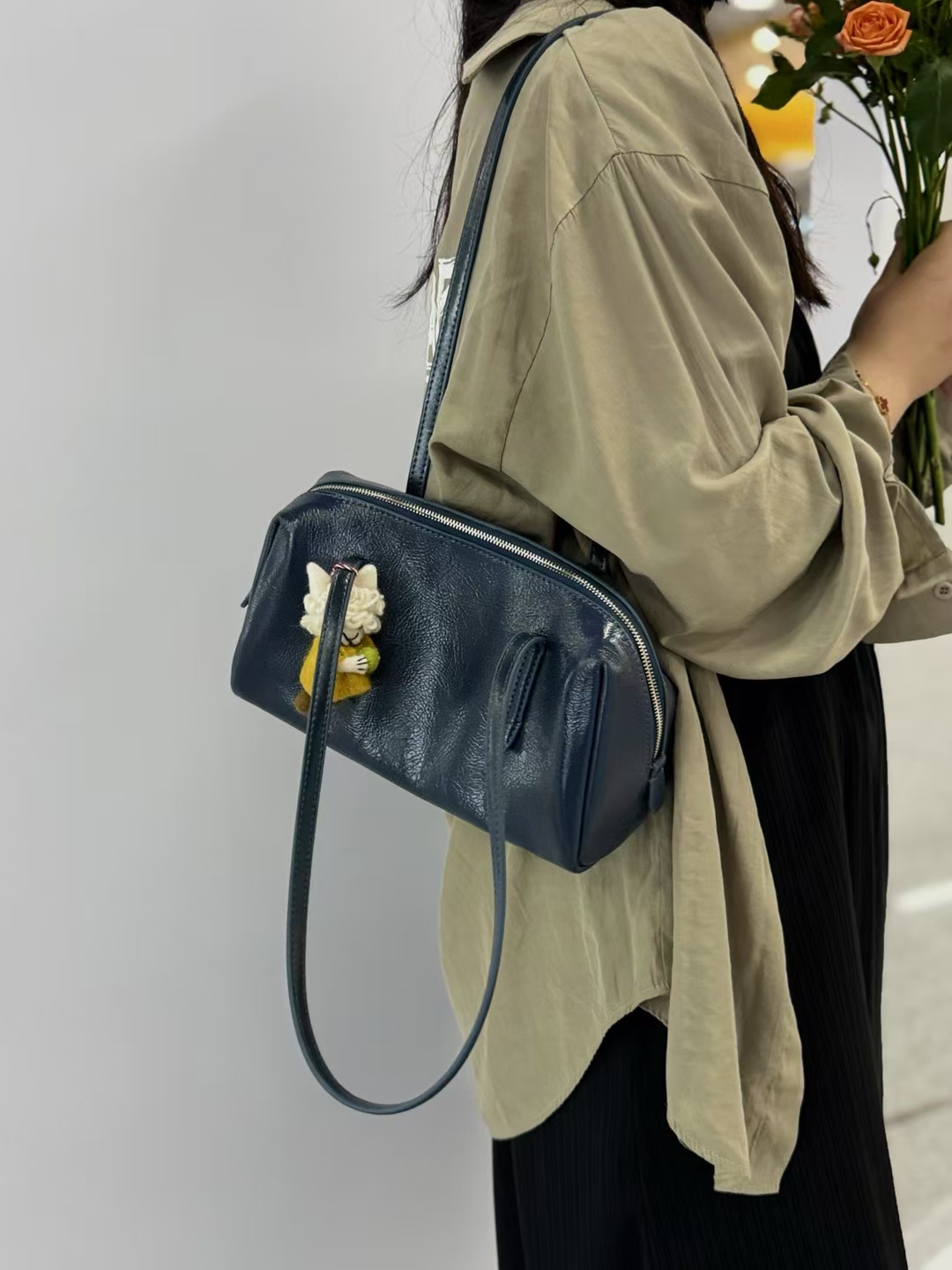 Top Grain Oil-Waxed Cowhide Folded Edge Boston Bag (Small) genuine leather handbag shoulder bag