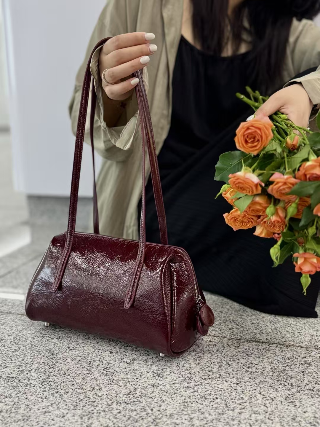 Top Grain Oil-Waxed Cowhide Folded Edge Boston Bag (Small) genuine leather handbag shoulder bag