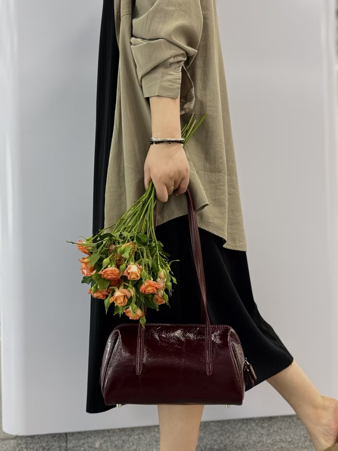 Top Grain Oil-Waxed Cowhide Folded Edge Boston Bag (Small) genuine leather handbag shoulder bag