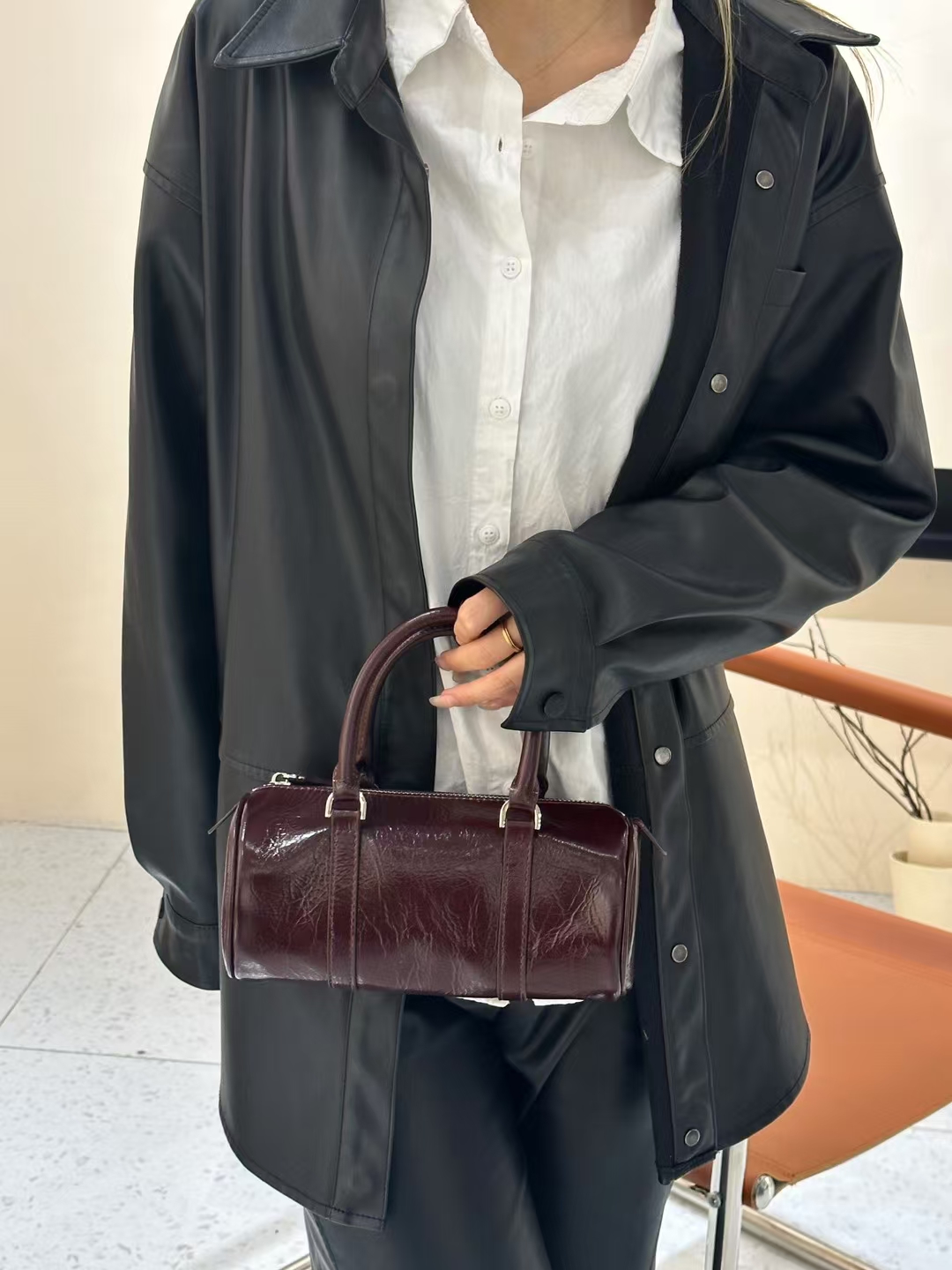 Top Grain Oil-Waxed Cowhide Cylindrical Pillow Bag  women's genuine leather handbag crossbody bag shoulder bag