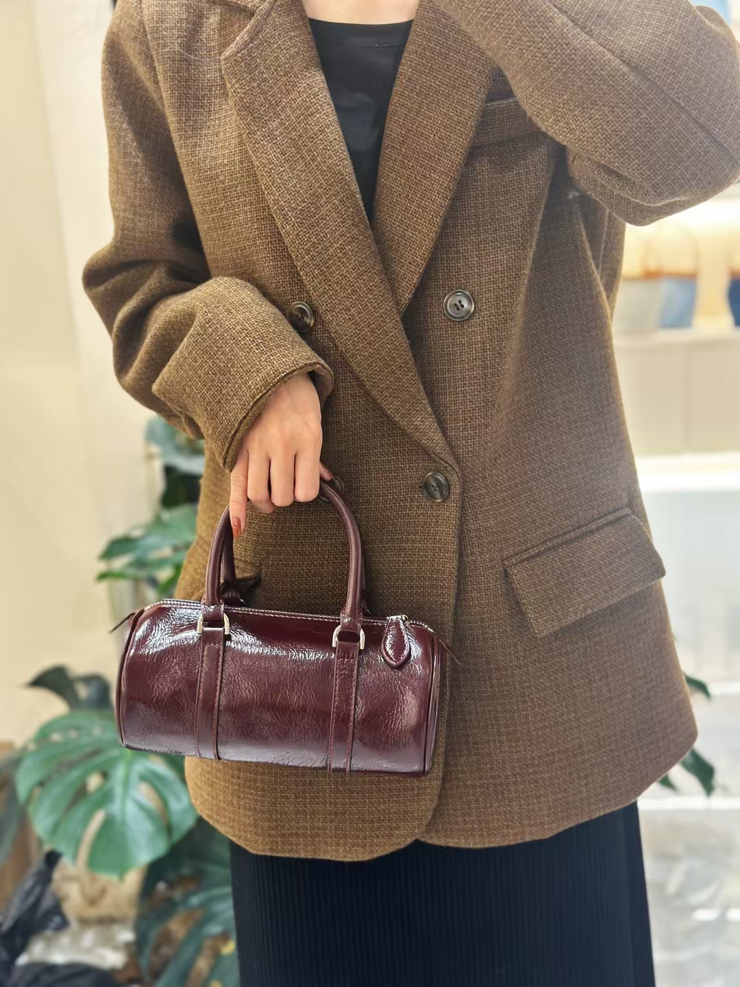Top Grain Oil-Waxed Cowhide Cylindrical Pillow Bag  women's genuine leather handbag crossbody bag shoulder bag