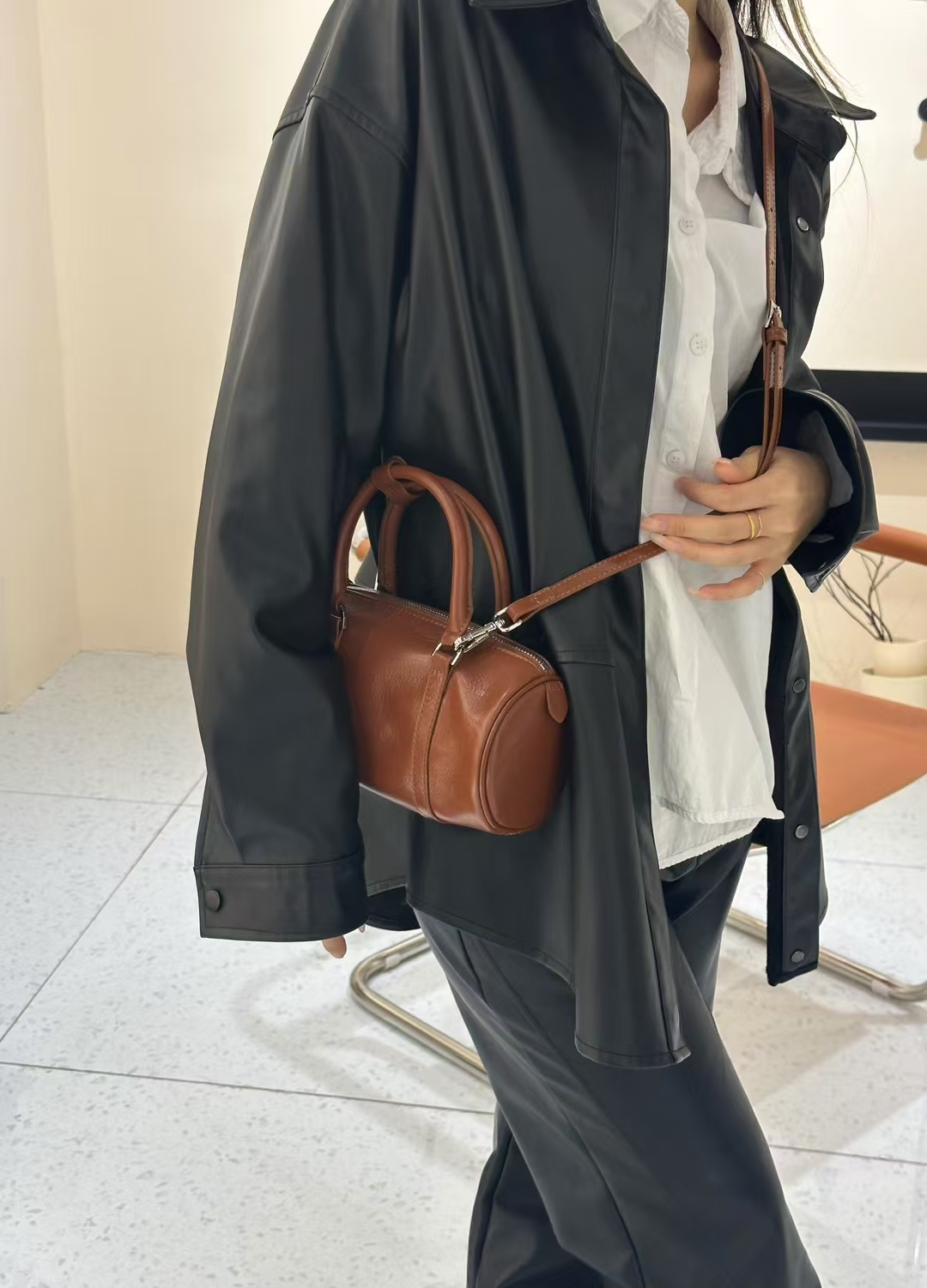 Top Grain Oil-Waxed Cowhide Cylindrical Pillow Bag  women's genuine leather handbag crossbody bag shoulder bag