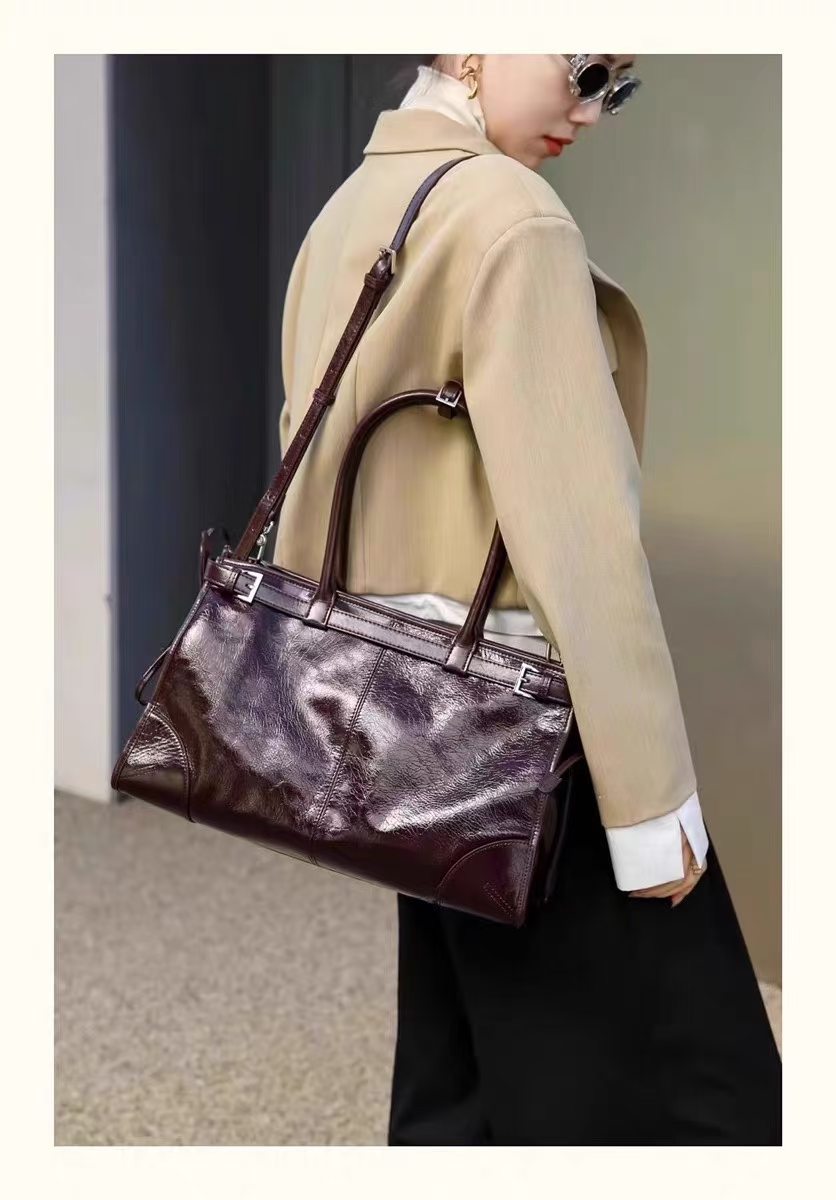 Top Grain Oil-Waxed Cowhide Large Capacity Tote Handheld Crossbody Bag genuine leather shoulder bag handbag