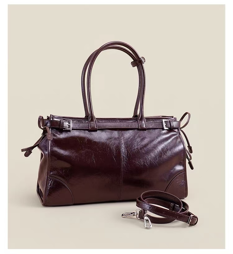 Top Grain Oil-Waxed Cowhide Large Capacity Tote Handheld Crossbody Bag genuine leather shoulder bag handbag