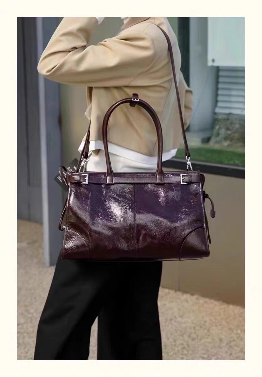 Top Grain Oil-Waxed Cowhide Large Capacity Tote Handheld Crossbody Bag genuine leather shoulder bag handbag