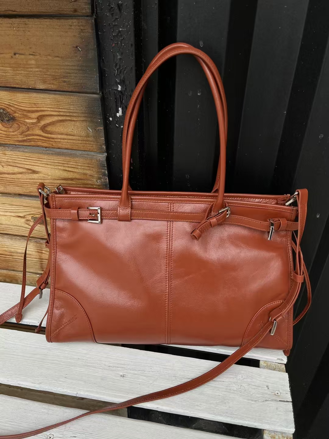 Top Grain Oil-Waxed Cowhide Large Capacity Tote Handheld Crossbody Bag genuine leather shoulder bag handbag