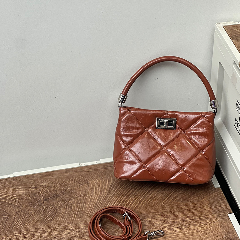 Top-Grain Oil-Waxed Cowhide Diamond-Quilted Handbag Shoulder Bag genuine leather evening handbagbag
