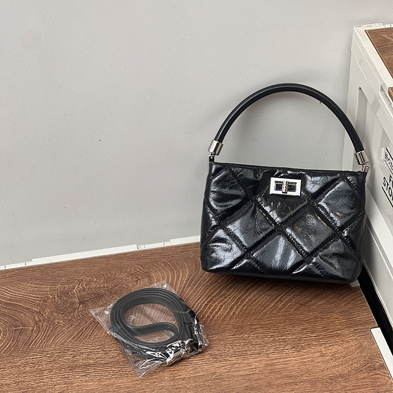 Top-Grain Oil-Waxed Cowhide Diamond-Quilted Handbag Shoulder Bag genuine leather evening handbagbag