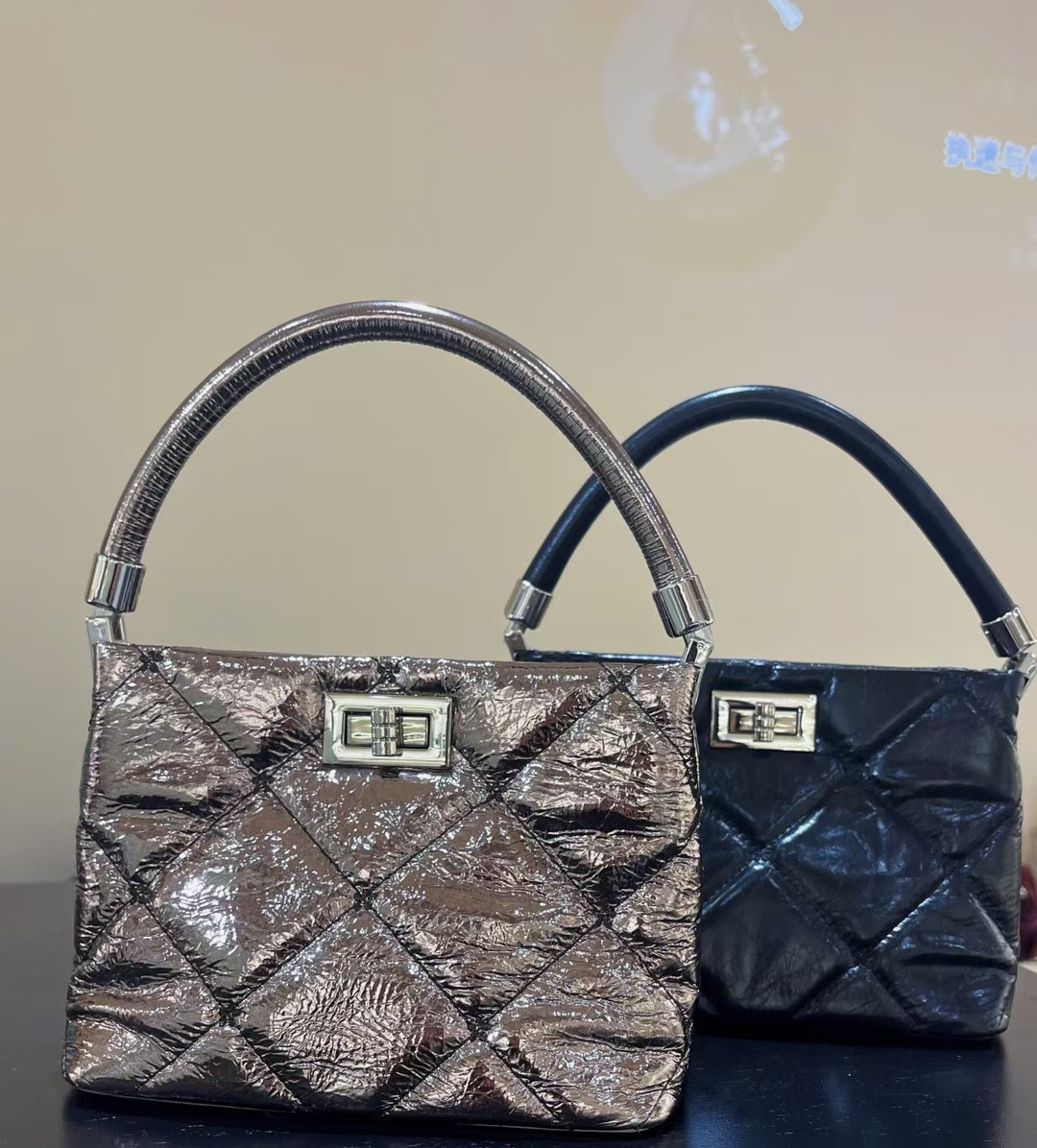 Top-Grain Oil-Waxed Cowhide Diamond-Quilted Handbag Shoulder Bag genuine leather evening handbagbag