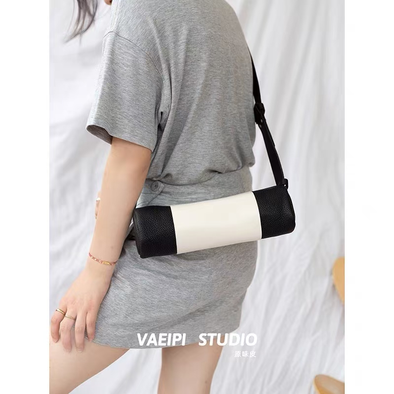 Top Grain Cowhide Color-Block Cylindrical Bag genuine leather mini crossbody shoulder bag