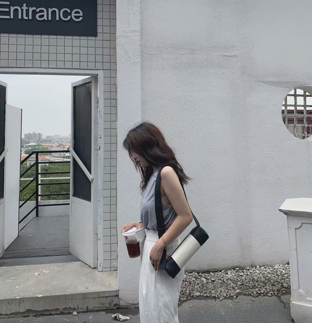 Top Grain Cowhide Color-Block Cylindrical Bag genuine leather mini crossbody shoulder bag