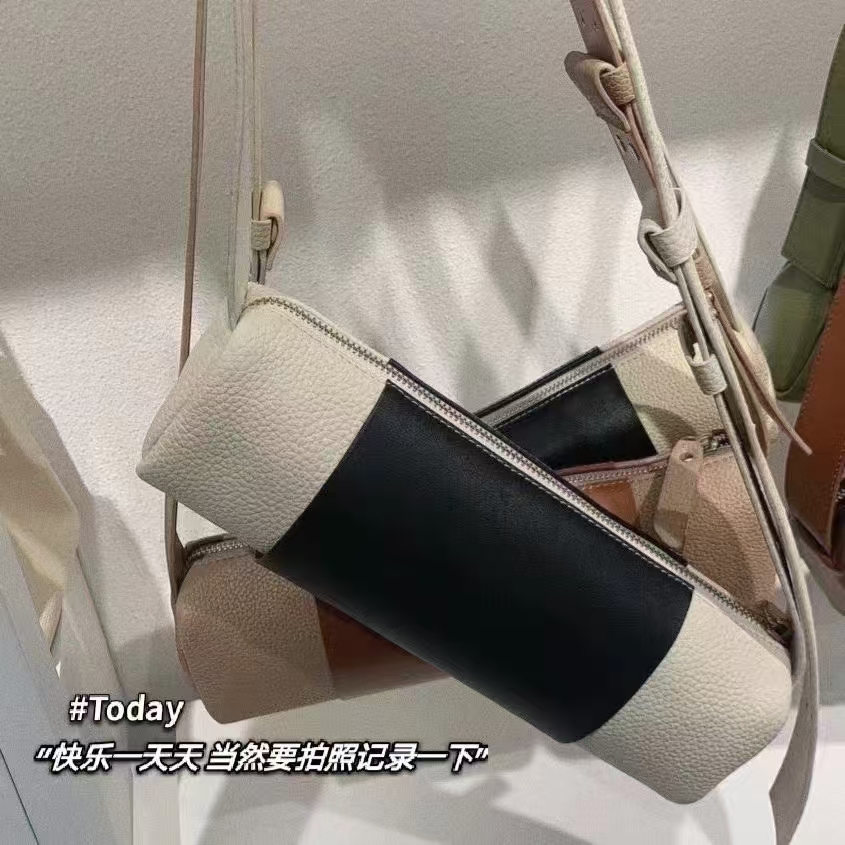 Top Grain Cowhide Color-Block Cylindrical Bag genuine leather mini crossbody shoulder bag