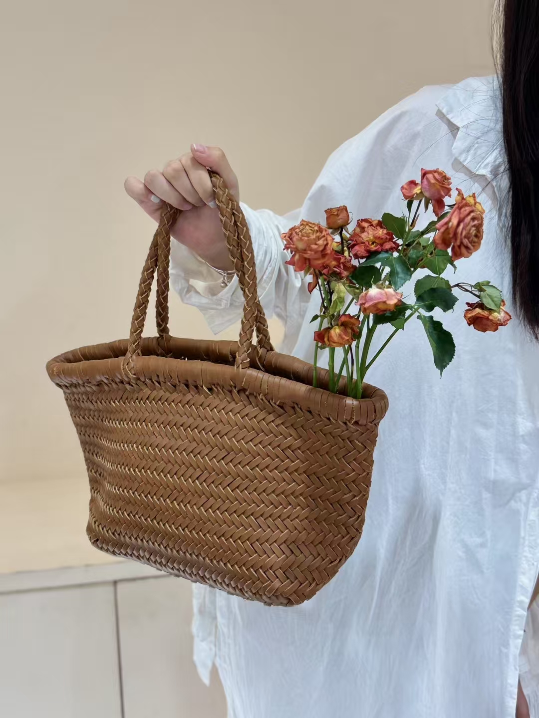Top-Grain Cowhide Fully Handwoven Basket Tote Bag large capacity genuine leather handbag shoulder bag