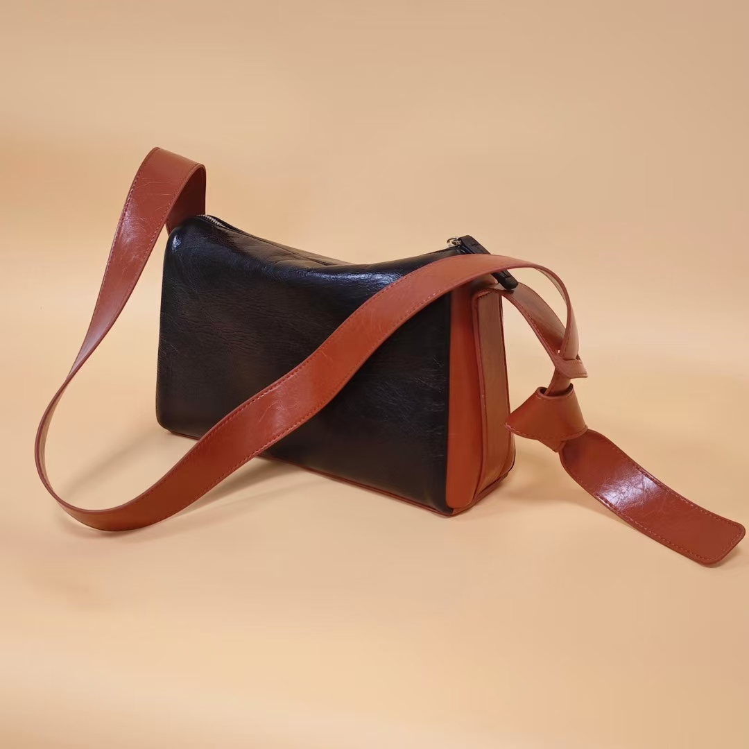 Top-grain Oil-Waxed Cowhide Color-Blocking Pillow Bag genuine leather shoulder bag cross body bag