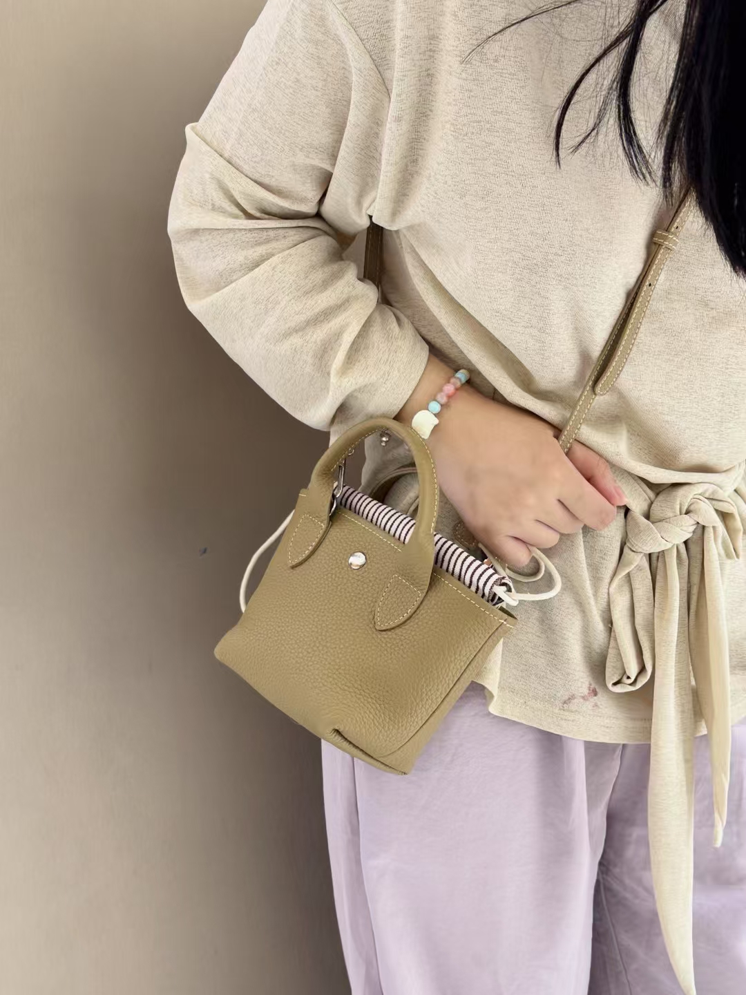 Full-Grain Top-Grain Cowhide with Striped Canvas Bag genuine leather mini shoulder crossbody bag handbag