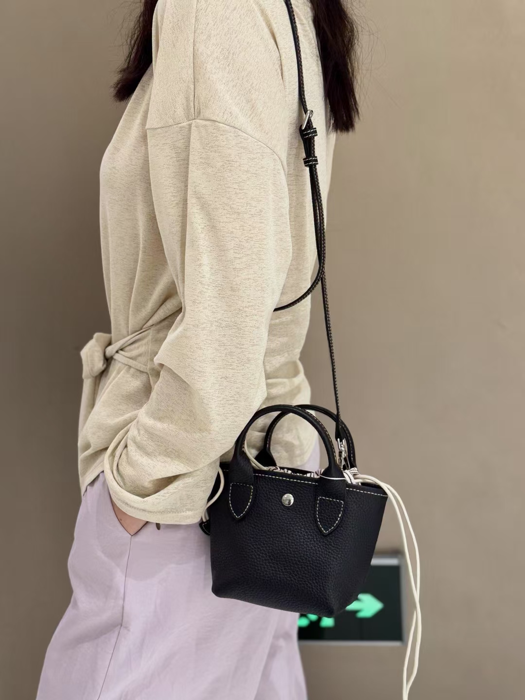 Full-Grain Top-Grain Cowhide with Striped Canvas Bag genuine leather mini shoulder crossbody bag handbag