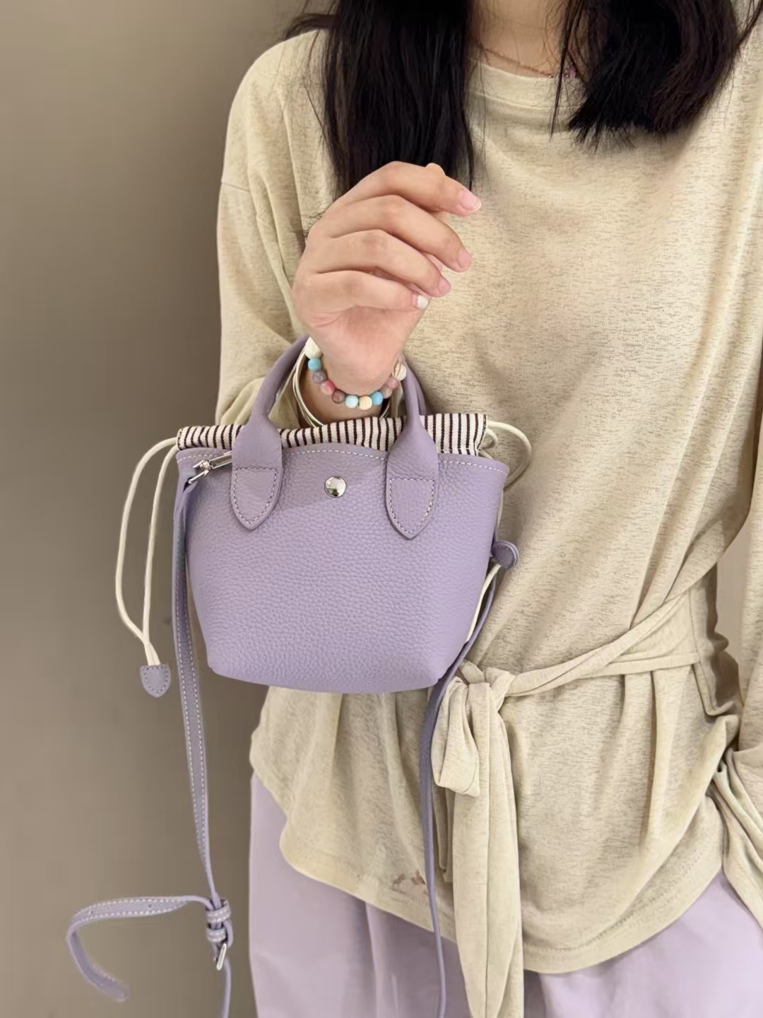 Full-Grain Top-Grain Cowhide with Striped Canvas Bag genuine leather mini shoulder crossbody bag handbag