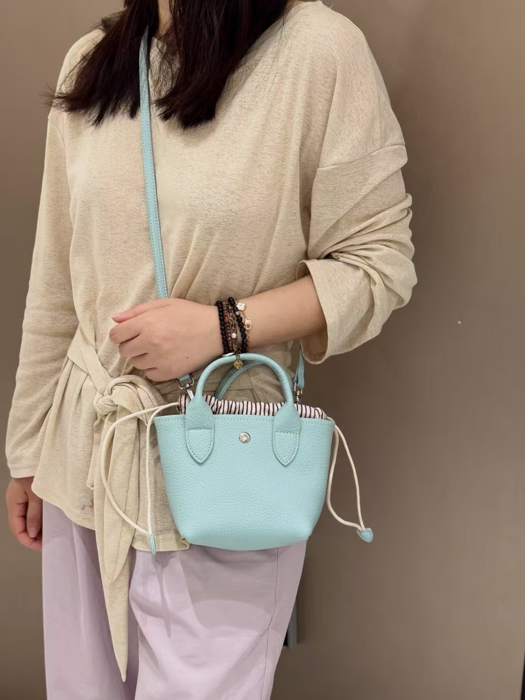 Full-Grain Top-Grain Cowhide with Striped Canvas Bag genuine leather mini shoulder crossbody bag handbag
