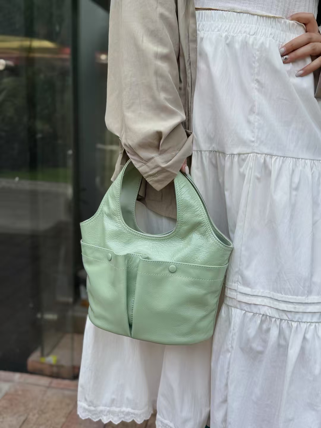 Top-Grain Oil-Waxed Cowhide Pocket genuine leather handbag Tote bag Crossbody Bag shoulder bag
