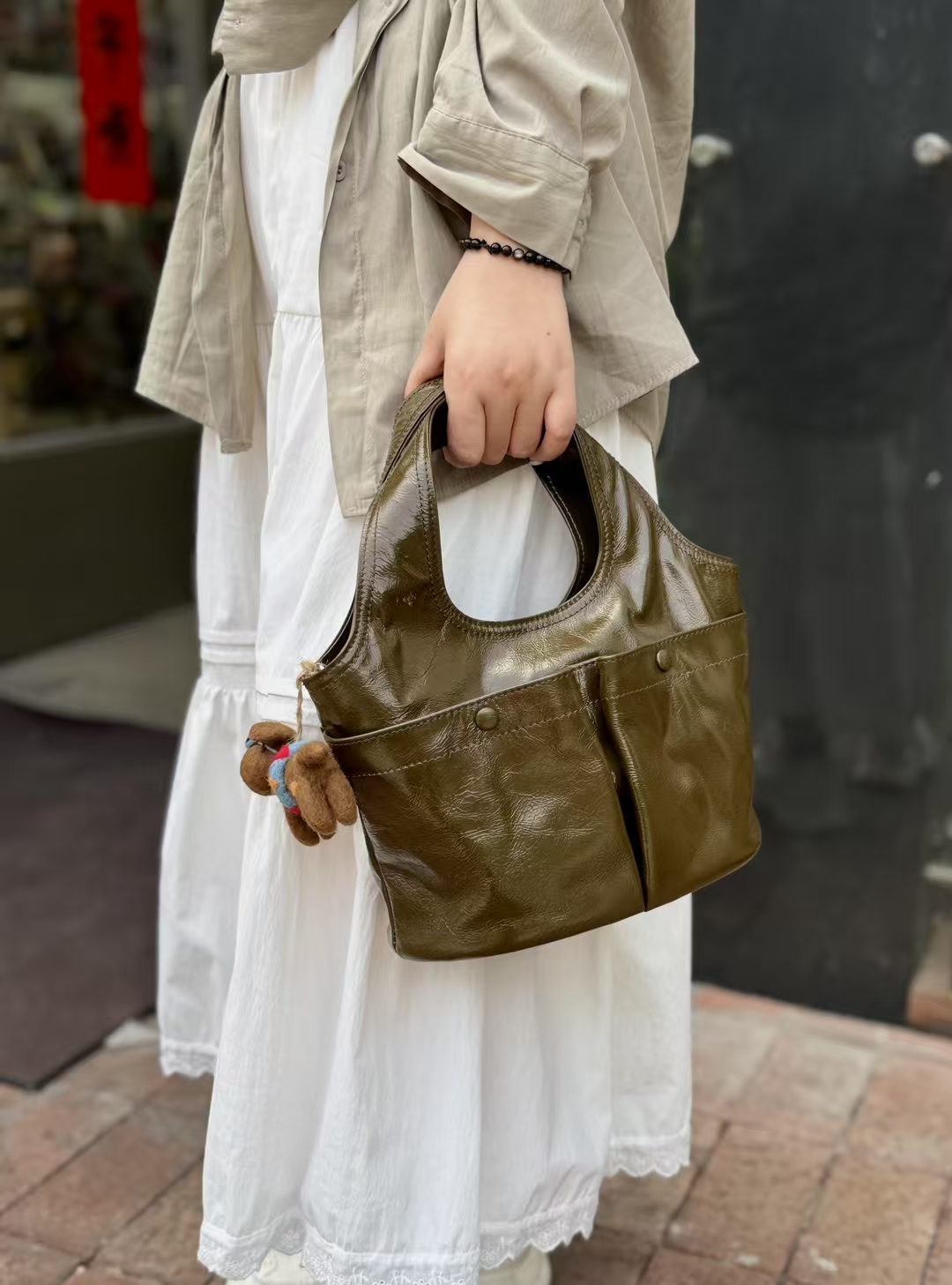 Top-Grain Oil-Waxed Cowhide Pocket genuine leather handbag Tote bag Crossbody Bag shoulder bag