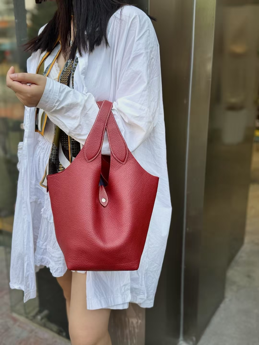 Top-Grain Cowhide Basket Tote Bag (with Inner Pouch) large capacity genuine leather handbag