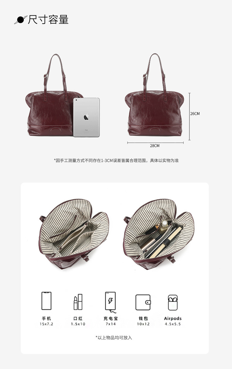 Top-Grain Oil-Waxed Cowhide Handbag large capacity genuine leather shoulder bag handbag