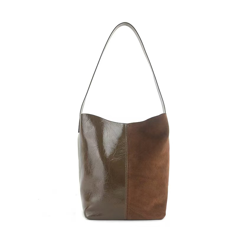 Top-Grain Oil-Waxed Cowhide Patchwork High-Gloss Matte genuine leather  Bucket Bag shoulder bag