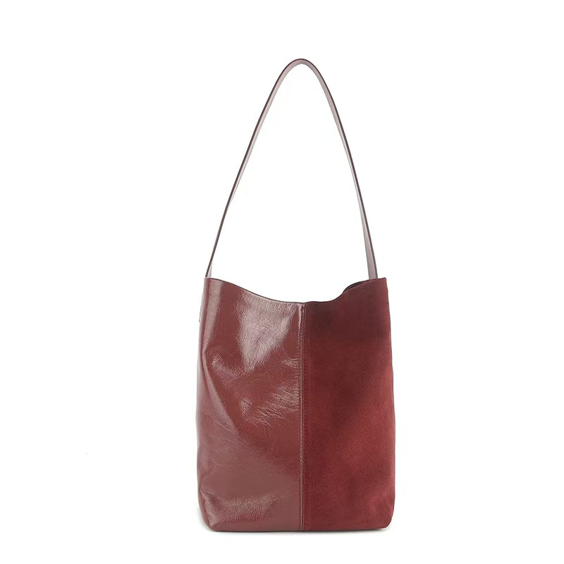 Top-Grain Oil-Waxed Cowhide Patchwork High-Gloss Matte genuine leather  Bucket Bag shoulder bag
