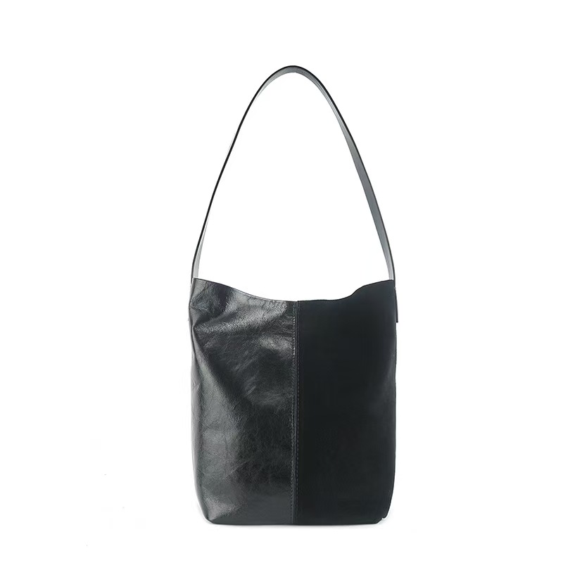 Top-Grain Oil-Waxed Cowhide Patchwork High-Gloss Matte genuine leather  Bucket Bag shoulder bag