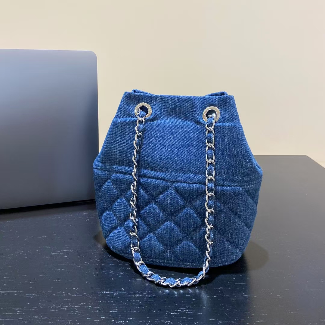 Canvas Denim Chanel-Inspired Diamond Lattice Chain Bucket Bag women's fashion  shoulder crossbody bag