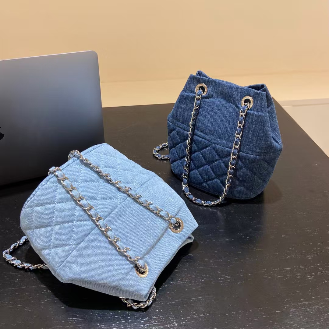 Canvas Denim Chanel-Inspired Diamond Lattice Chain Bucket Bag women's fashion  shoulder crossbody bag