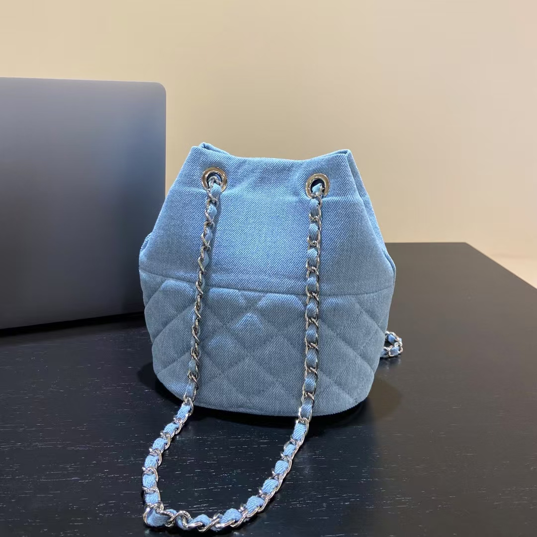Canvas Denim Chanel-Inspired Diamond Lattice Chain Bucket Bag women's fashion  shoulder crossbody bag