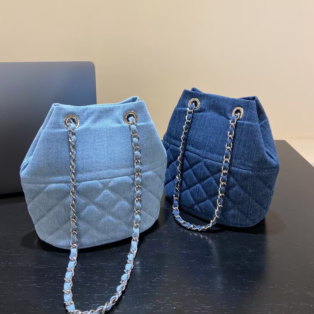 Canvas Denim Chanel-Inspired Diamond Lattice Chain Bucket Bag women's fashion  shoulder crossbody bag