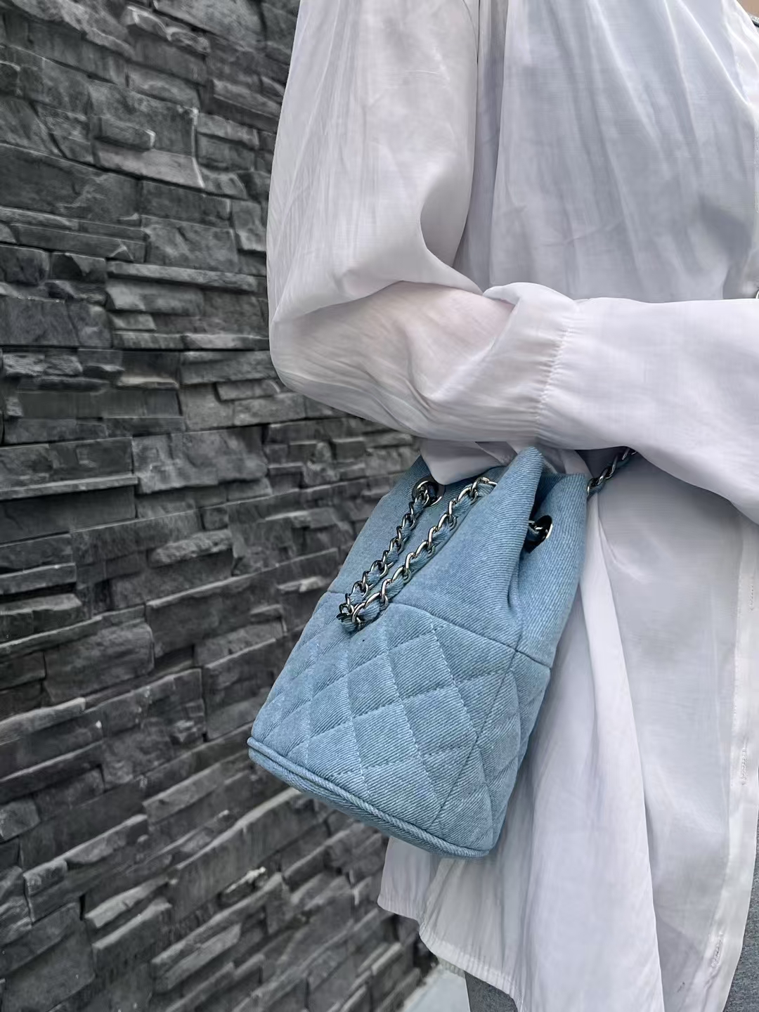 Canvas Denim Chanel-Inspired Diamond Lattice Chain Bucket Bag women's fashion  shoulder crossbody bag
