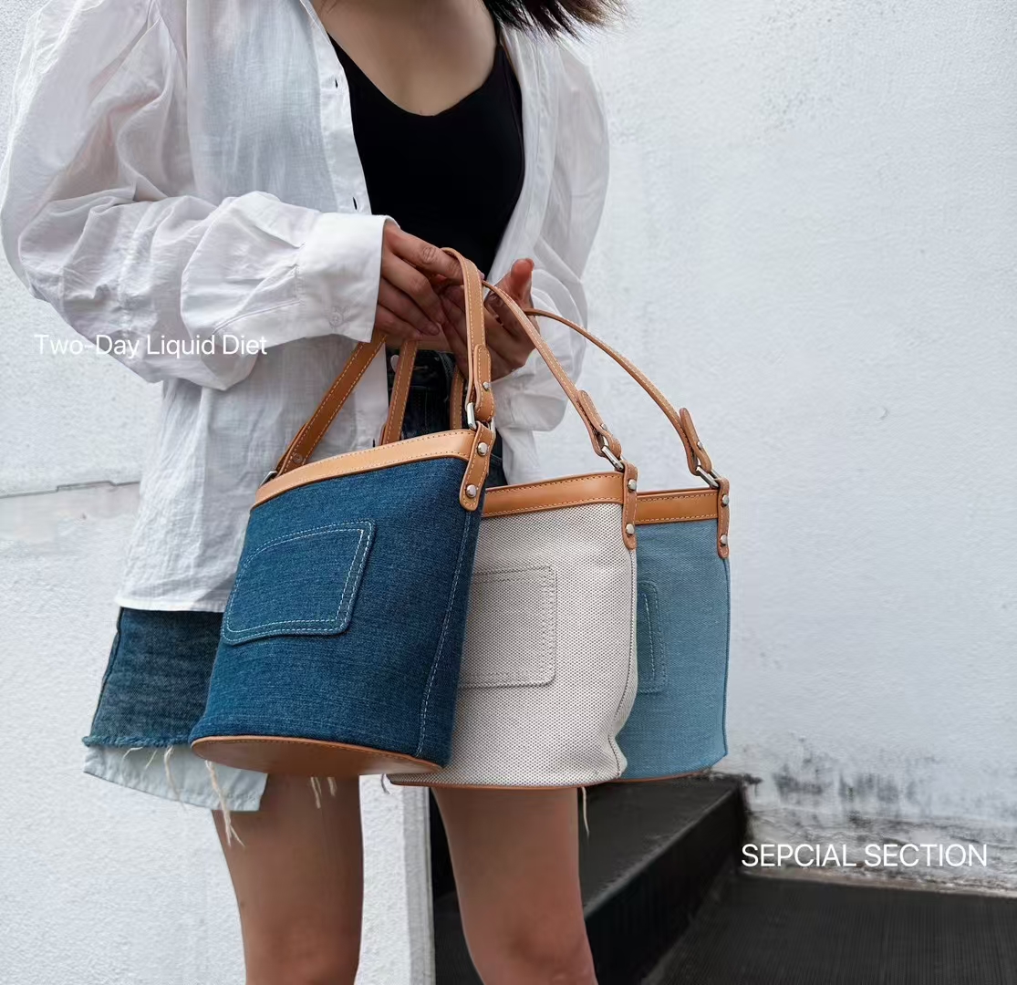 Custom Washed Canvas Denim Bucket Bag women's fashion handbag