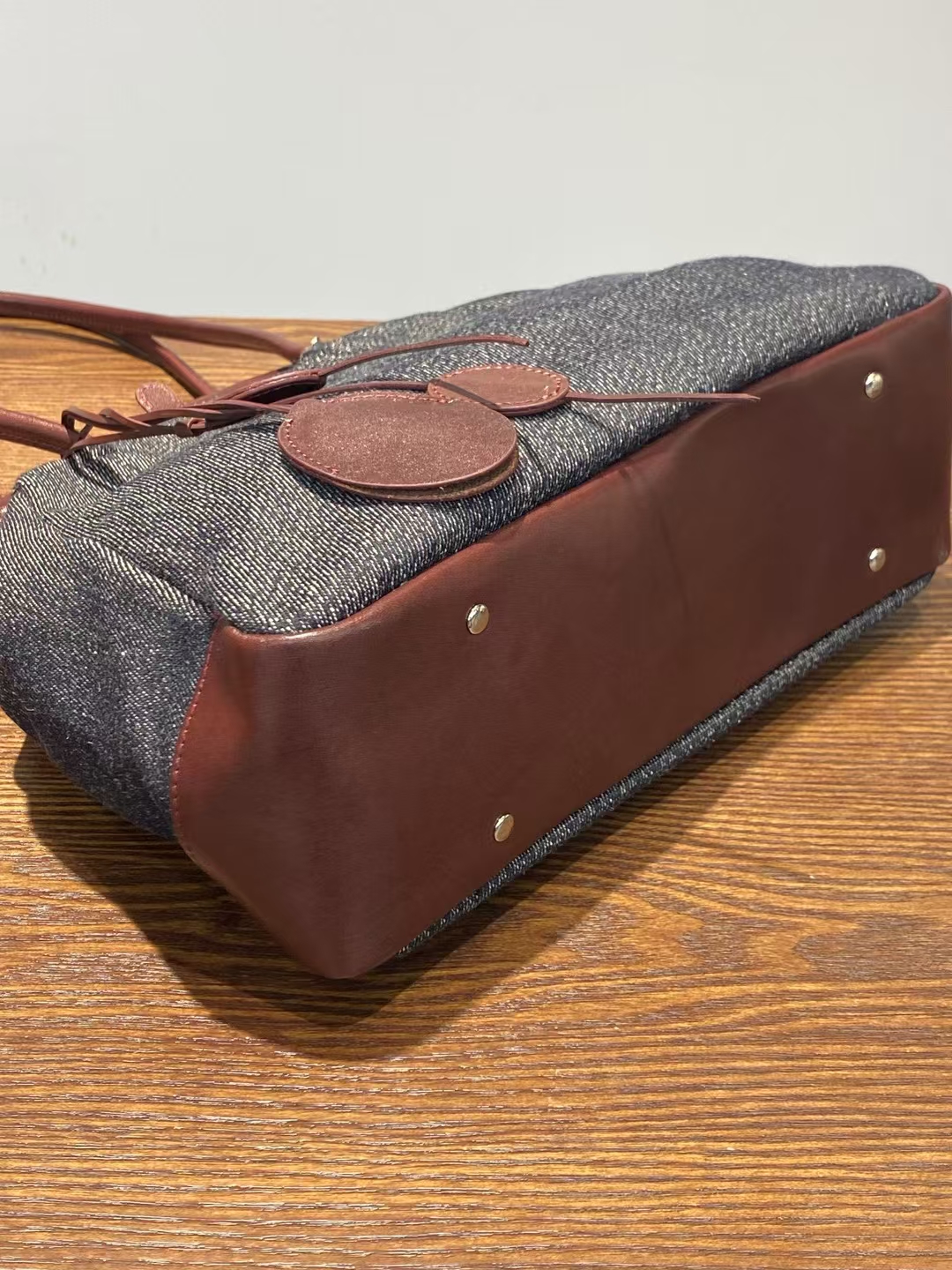 Vegetable-Tanned Cowhide Patchwork Canvas Denim Pocket Shoulder Bag handbag