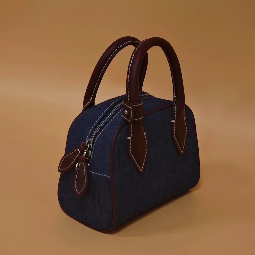 Washed Denim with Imported Vegetable-Tanned Leather Canvas Boston Bag handbag shoulder bag