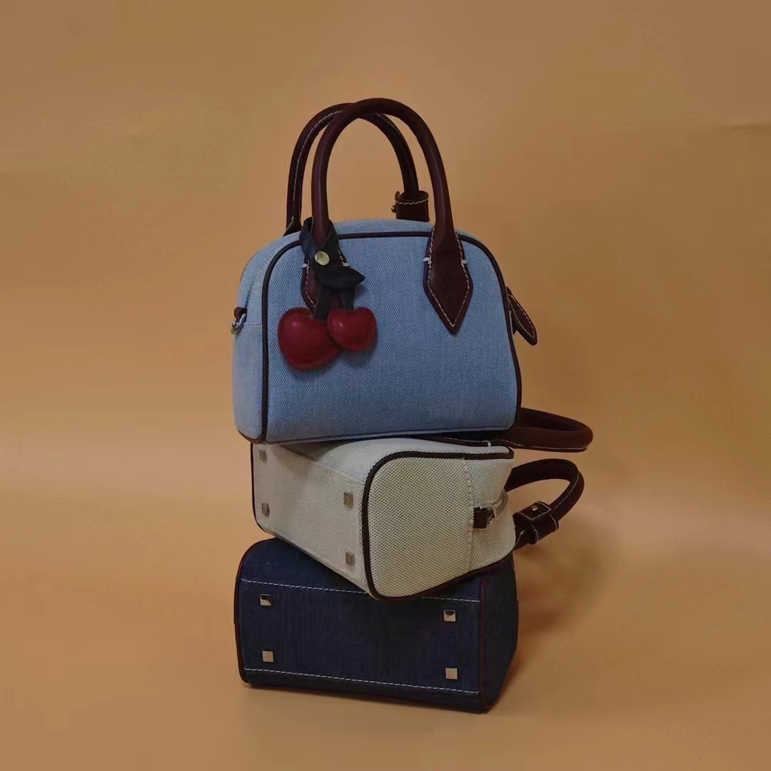 Washed Denim with Imported Vegetable-Tanned Leather Canvas Boston Bag handbag shoulder bag