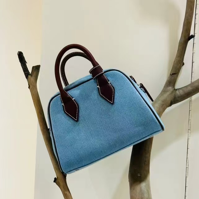 Washed Denim with Imported Vegetable-Tanned Leather Canvas Boston Bag handbag shoulder bag