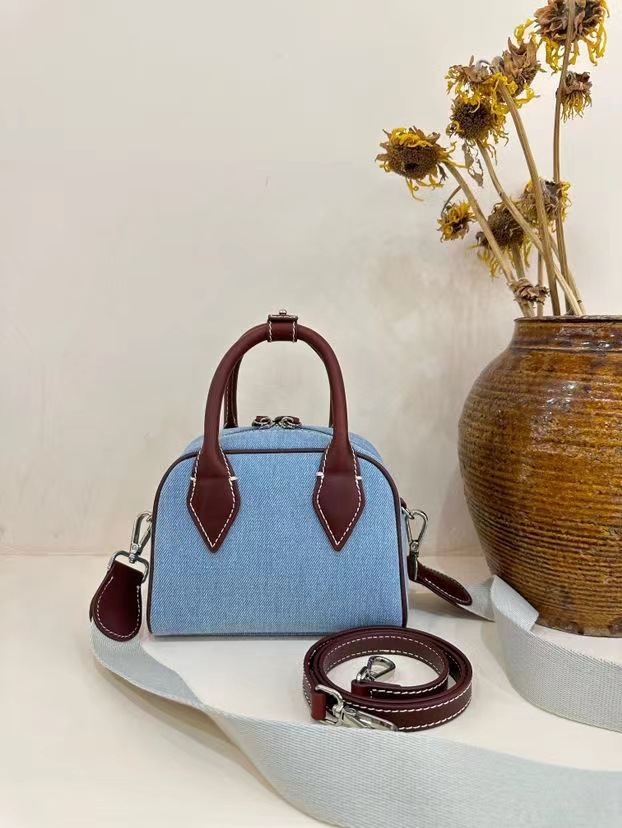 Washed Denim with Imported Vegetable-Tanned Leather Canvas Boston Bag handbag shoulder bag