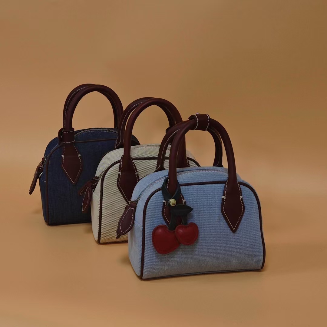 Washed Denim with Imported Vegetable-Tanned Leather Canvas Boston Bag handbag shoulder bag