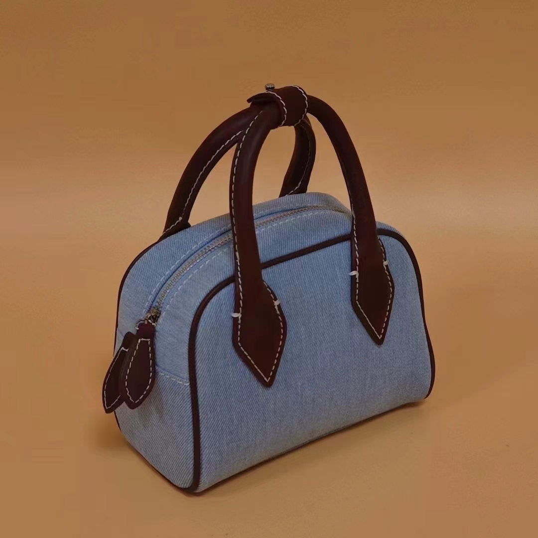 Washed Denim with Imported Vegetable-Tanned Leather Canvas Boston Bag handbag shoulder bag