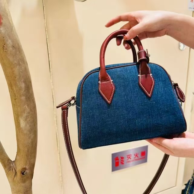 Washed Denim with Imported Vegetable-Tanned Leather Canvas Boston Bag handbag shoulder bag