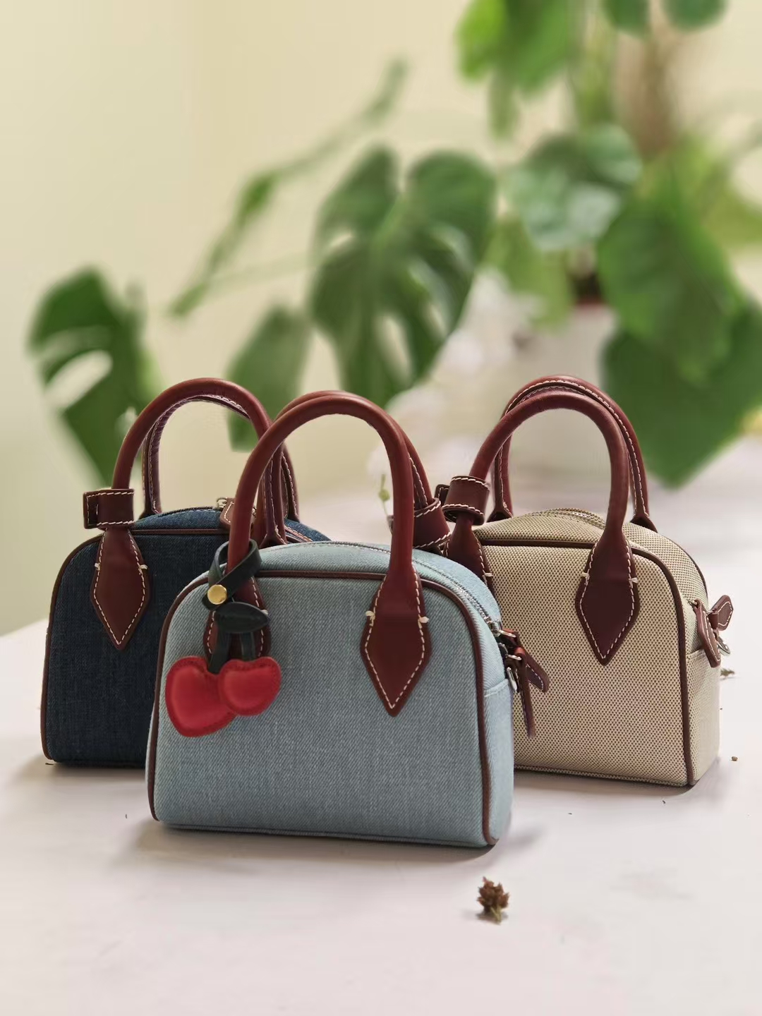 Washed Denim with Imported Vegetable-Tanned Leather Canvas Boston Bag handbag shoulder bag